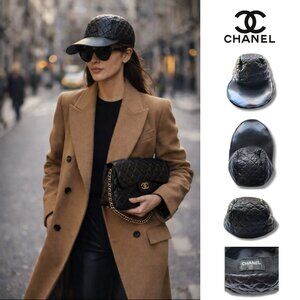 CHANEL Black Lambskin Leather Quilted Baseball Cap Hat Long Bill Vintage